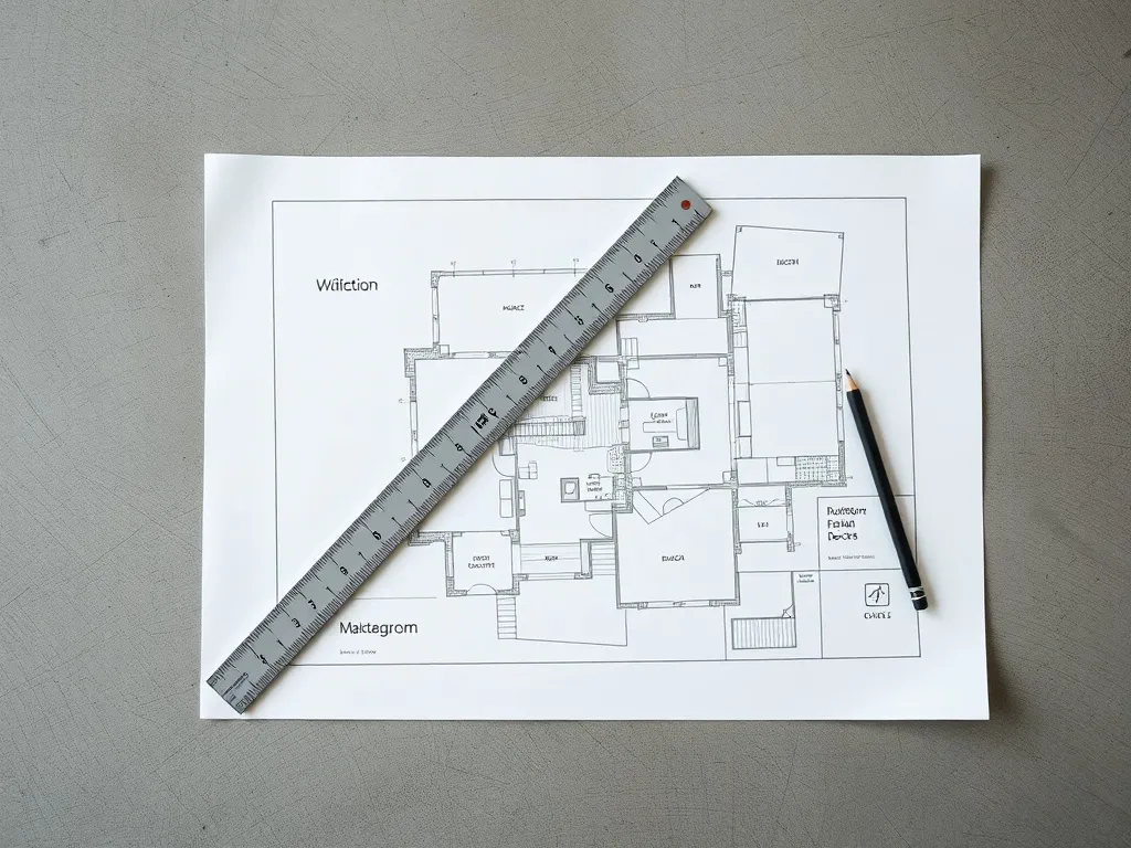A minimalist architectural blueprint on a concrete table wit